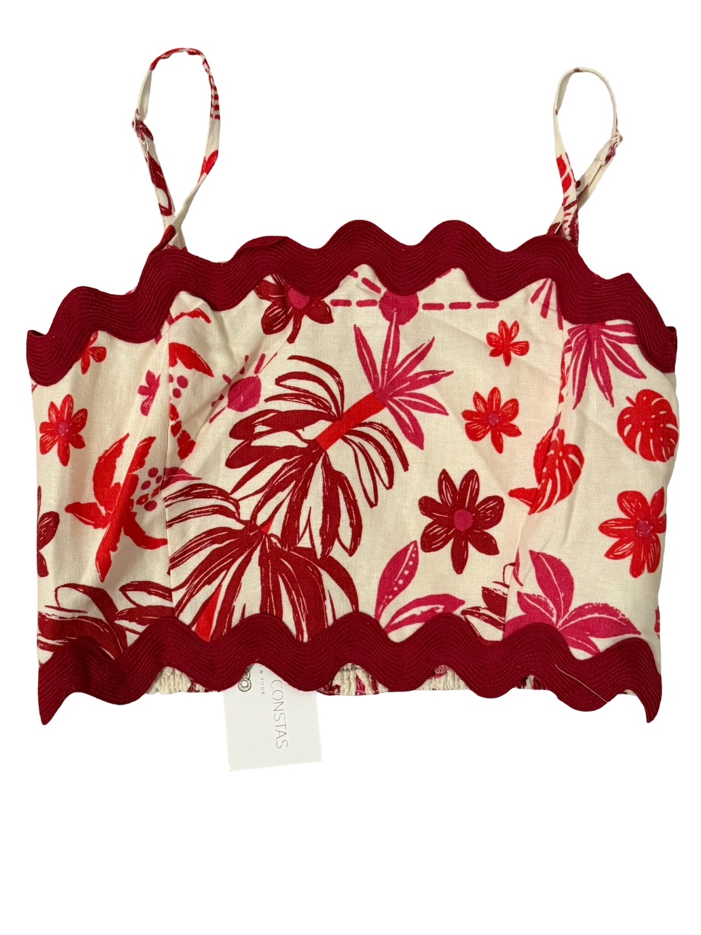 Caroline Constas Linen Scalloped Tropical Top & Midi Skirt Set Red Cream NWT - Picture 4 of 11